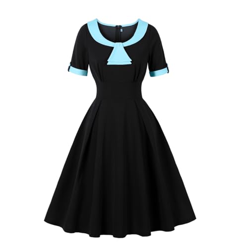 Wellwits Damenkleid mit Schleife, Farbblock, Cocktailkleid, Vintage-Kleid, hellblau, XXL