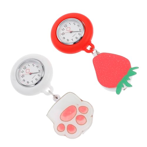 OATIPHO 2個イチゴ柄 ナースウォッチ クリップ式 シリコン クオーツ腕時計 女性用 吊り下げ式 時計 学生 医療従事者 ?床実習 プレゼント