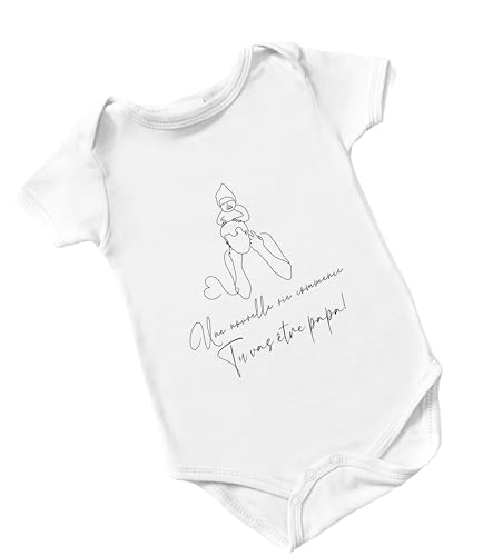 Body Bébé Blanc " - Dessin Papa avec Bébé sur son Dos (Style Trait) - Taille Unique Aléatoire (Manches Courtes ou Longues selon Stock) - Cadeau Annonce Grossesse à Papa