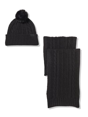 DKNY womens Cold Weather Faux Fur Pom Cable Box Set (Hat, Scarf)