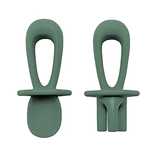 Tiny Twinkle Silicone Training Utensils – Baby Spoons and Baby Forks For Self-Feeding Training – Silicone Baby Led Weaning Utensils For Toddlers And Babies 6-24 Months – Baby Feeding Supplies (Olive)