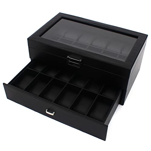Watch Box Organizer For Men, 24 Slot Luxurious & Masculine Carbon Fiber Textured Display Case - Real Glass Top, Metal Hinge, Large Watch Holder With Drawer, Black Carbon Fiber Watch Collection Case #TOP3