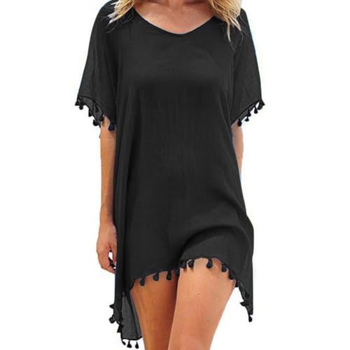 Hanaoops Mujer Suelto Vestido de Playa V Cuello Gasa Ropa de Baño con Borla Verano Traje de Baño Bikini Cover Up para Playa Chic Loose Semitransparente Camisolas y Pareos Vestido
