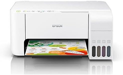 Stampante Epson EcoTank L3156 con carta caricata nel vassoio anteriore, viewscattata dal fronte.