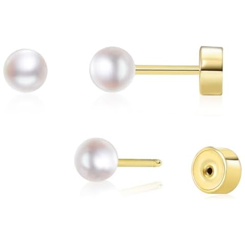 Threadless Flat Back Pearl Earrings, 14K Gold Plated Pearl Stud Earrings Hypoallergenic | Cartilage Earring | Helix Piercing Jewelry | Tragus Piercing Jewelry | Push in Flatback Earrings for Women Men (4 Millimeters, 14K Gold) Cover