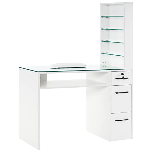 BarberPub Manicure Table with Drawers, Storage Shelves Spa Beauty Salon Station Nail Desk 2673, 45*60*19 inch (White)