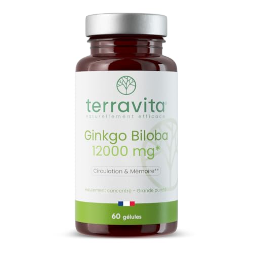 GINKGO BILOBA Extra Fort | Circulation Sanguine - Mémoire - Concentration - Acouphènes | Extrait 50:1 Hautement Dosé 12000 mg par Gélule | 60 Gélules Vegan | Made in France | Terravita