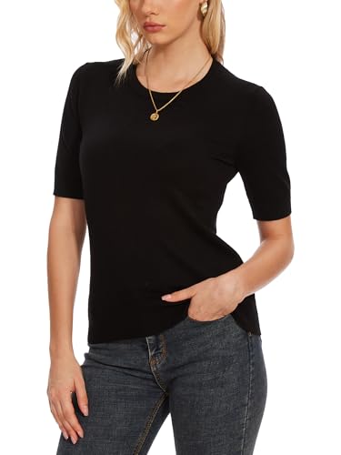 Image of Spicy Sandia Women's Short Sleeve Sweater Casual Knit Pullover Top for Summer Lightweight Black M