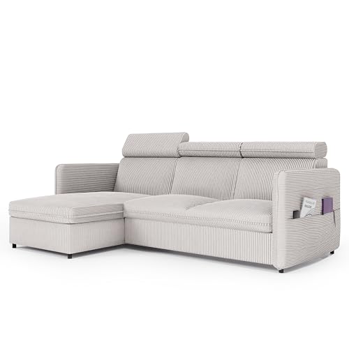 Canapé d'angle Convertible 220x160 - Velours Côtelé Poso à Gauche ou à Droite - Canapé 3 Places Convertible avec Espace de Rangement - Sofa Beige
