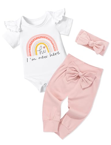 Image of WIQI Baby Girl Clothes, Newborn Girl Letter Print Romper Tops +Cute Pants +Hat +Headband 4PCS Spring Summer Outfits Set