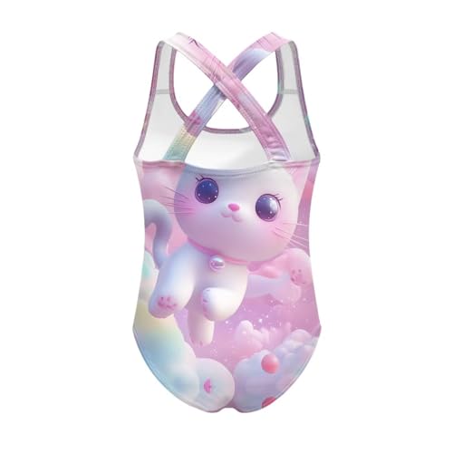 Image of Girls One Piece Cat Swimsuits Quick Dry Cartoon Beach Bathing Suit Crossback Swimwear for Kids 5-14 Years