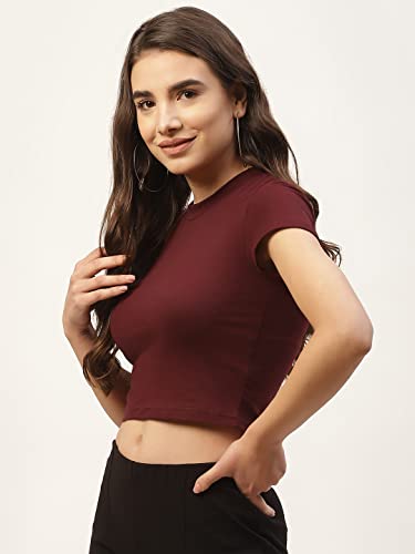 Image of Women Solid Super Soft streachable Cotton Lycra Blended Crop Top (M, Wine)