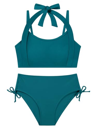 Image of Girls 2 Piece Bikini Sets Halterneck Swimsuit with Drawstring Spaghetti Straps Bathing Suits Swimwear 9-16 Years Dark Green