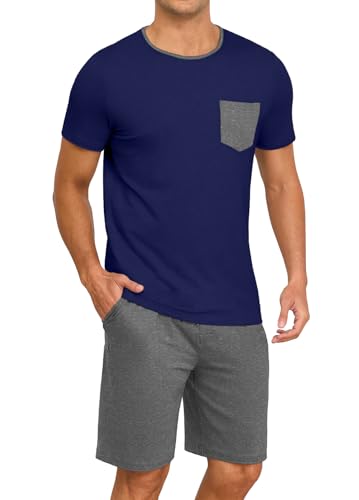 Image of PrinStory Mens Summer Pajamas Set Lightweight Pjs Sets Short Sleeve Pajama Shorts Set Soft Sleepwear Loungewear with Pockets