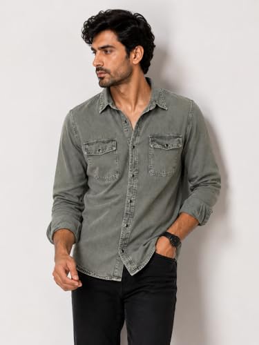 Image of Men's Slim Fit Western Denim Shirt with Dual Chest Pockets - Long Sleeve Button-Down Casual | Smart Casual Fashion Wear |Durable Tich snap Buttons.