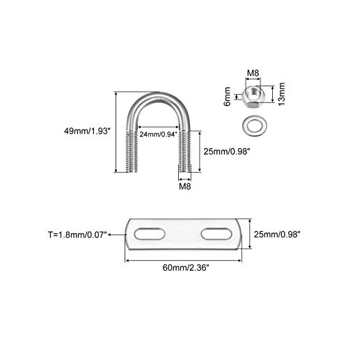 Image of uxcell Round U-Bolts, 24mm(0.94 inch) Inner Width 49mm Length M8 304 Stainless Steel U Clamp Bolt with Nuts Washers and Plates, for Boat Trailer