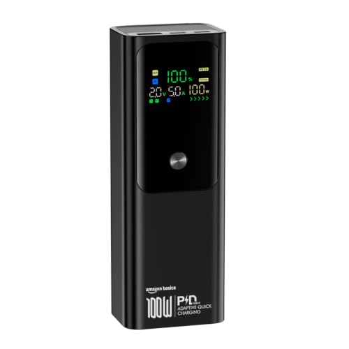 Image of Amazon Basics 20000mAh 100W Fast Charging Power Bank | 2 USB-C PD 3.0 + 1 USB-A QC 3.0 | Laptop, Tablet & Phone Charging | Digital Display | Black
