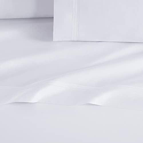 Aston & Arden Sateen Sheet Set - 100% Cotton 600 Thread Count Luxurious Hotel Silky Sheets, Pristine White with Fine Baratta Embroidered 3-Striped Hem, Wrinkle Resistant, Queen, Dove White - Thumbnail 2