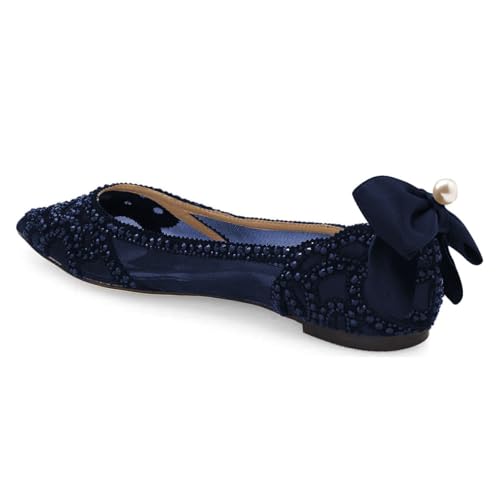 XYD Women Elegant Pointed Toe Rhinestones Studded Flats Back Pearl Bowknot Mesh Slip-on Wedding Bride Ballet Shoes3