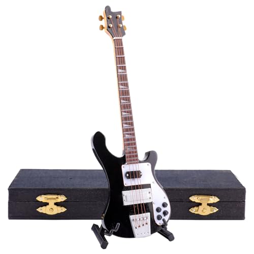 Dselvgvu Wooden Miniature Electric Bass Guitar with Stand and Case Mini Musical Instrument Electric Bass Guitar Replica Collectible Figurines Model Home Decoration Birthday Gifts (7.87'x2.36'x0.35')