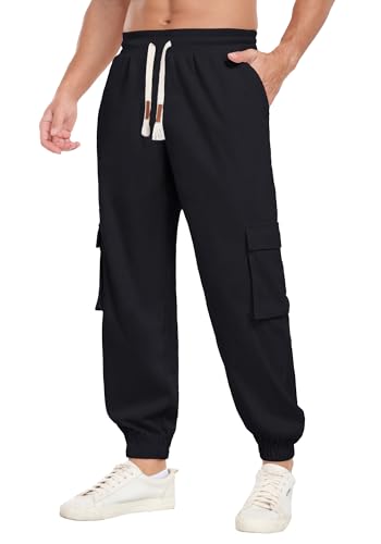 Askdeer Mens Corduroy Joggers Pants Casual Cargo Pants Drawstring Elastic Waist Baggy Tapered Sweatpants with 5 Pockets Black3