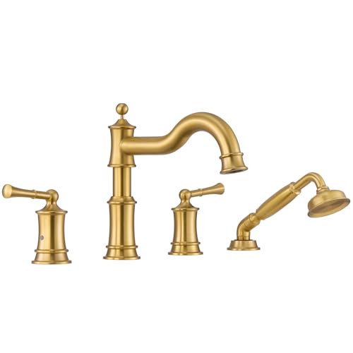 Image of Qinkell Roman Tub Faucet Set with Hand Shower - High Flow Brass 18-24 Inch Widespread 4-Hole Deck Mount Bathtub Faucet, 360-Degree Swivel Spout, Rough-In Valve, 2 Handles & Supply Lines, Brush Gold