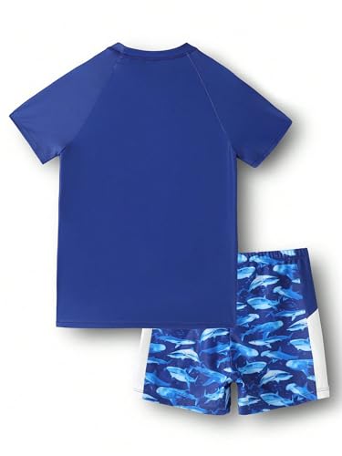 Hansber Kids Boys 2Pcs Shark Print Short Sleeve Swim Top and Shorts Set Rash Guard Sun Protection Swimsuit2