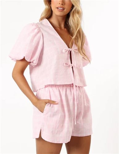 Image of Yuemengxuan Women Y2k Peplum Shirt Shorts Set Two Piece Lounge Set Pajamas Sets Puff Sleeve Tie Front Top 2pcs Pj Outfits