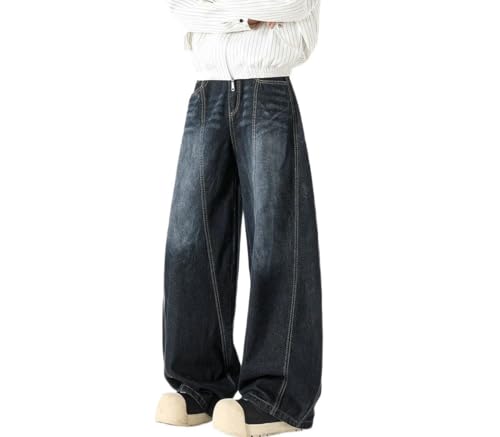 Men Vintage Loose Fit Wide Leg Denim Pants High Waisted Casual Straight Streetwear Trousers