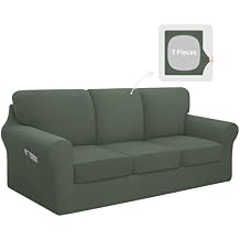 Easy-Going 7 Pieces Stretch Couch Cover Washable Sofa Cover Set for 3 Backrest and Seat Cushion Couch Anti-Slip Sofa Slipcover Furniture Protector with Elastic Bottom Large, Grayish Green