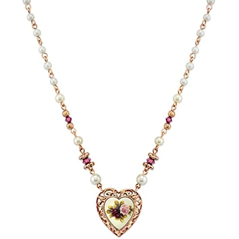 1928 Jewelry Women's Rose Gold Tone Manor House Faux Pearl Purple Flower Heart Pendant Necklace 15" + 3" Extender Cover