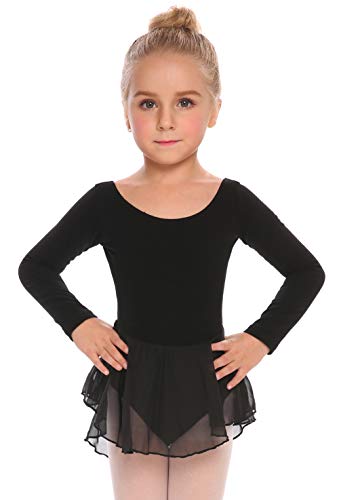 Arshiner Kids Girls Classic Long Sleeve Leotard Dance Ballet Dress Black - Thumbnail 2