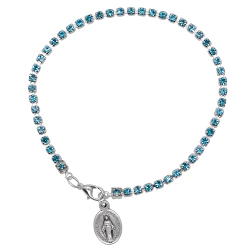 Miraculous Medal Aqua Crystal Tennis Bracelet | Catholic Jewelry | Great Religious Gift for First Holy Communion or Confirmation | Christian Wrist Accessory