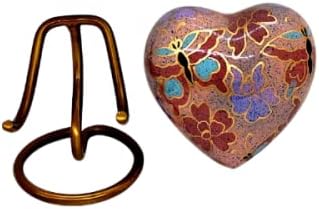 Classic Heart Shape Keepsake Urn for Human Ashes – with Box and Stand - Lovely Brown Floral Design 7 cms high