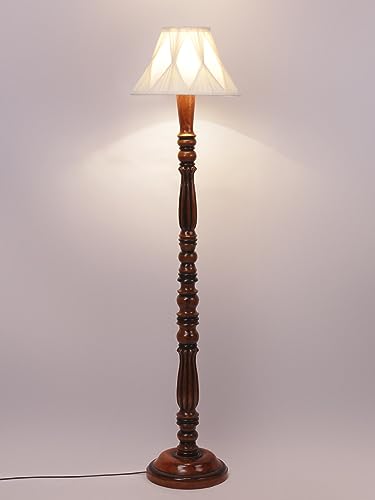 Image of Curtain Pleated Off-White Cotton Floor Lamp with Wooden Base - Height 53 Inches | Elegant Standing Lamp for Living Room, Bedroom & Office | Stylish Home Decor & Lighting