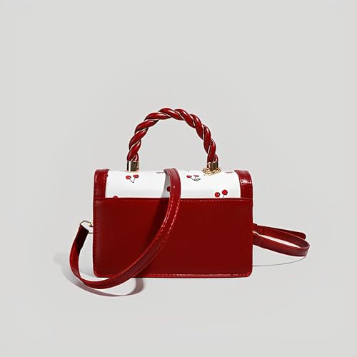 Image of Cherry Leather Tote Bag - Cute Y2K Shoulder Purse for Women, Red Designer Handbag with Top Handle, Fruit Print Clutch Satchel
