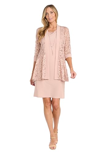 Image of R&M Richards Women's Embellished Sequin Lace Jacket and Shift Dress with Necklace for Mother of the Bride & Cocktail Party