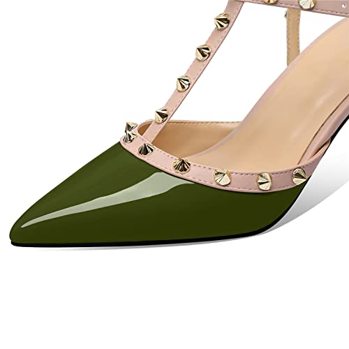 Image of XINIUNIU Studded Heels for Women Kitten Heels with Studs Stiletto Sandals with Rivet Ankle Strap Patent Leather Pointy Toe 2.5 Inch Party Daily Wear Evening Sandals