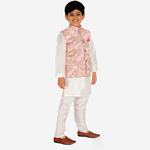 Image of Pro-Ethic Style Developer Kurta Pajama For Kids Boys With Waistcoat | Silk | Floral | Traditional Dress (S-209)