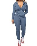 PINSV Conjunto de entrenamiento de dos piezas para mujer, conjunto de chándal ajustado de manga larga con cremallera, chaqueta con capucha y pantalones deportivos a juego, gris, azul , Large