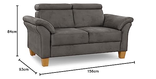 Cavadore 2-Sitzer-Sofa Ammerland / 2er-Couch im Landhausstil mit Federkern + verstellbaren Kopfstützen / 156 x 84 x 93 / Wildlederoptik, Grau