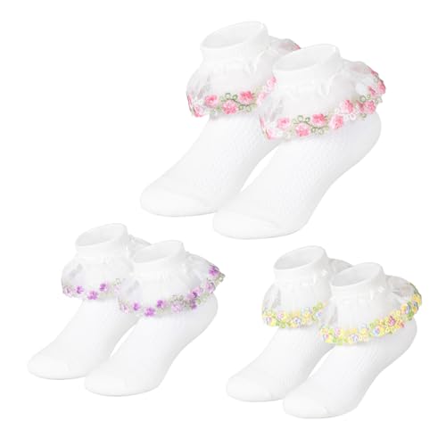Toddler Girls Ruffle Socks Baby Set Embroidered Flowers Infant White Thin Socks 3 Pair Pack