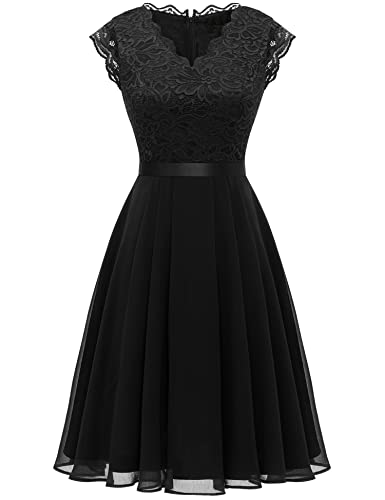 Dressystar Spitzen Cocktailkeid Elegant für Hochzeit Knielang Festlich Abendkleider Kurz AUP2050 Black 2XL