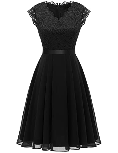 Dressystar Damen Elegant A Linie Cocktailkleid Knielang Abendkleider Spitzen Chiffon Kleid Kurz Ärmel Schwarz L