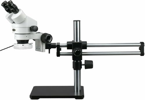 Image of AmScope SM-5BZ-144S Professional Binocular Stereo Zoom Microscope, WH10x Eyepieces, 3.5X-90X Magnification, 0.7X-4.5X Zoom Objective, 144-Bulb LED Ring Light, Ball-Bearing Double-Arm Boom Stand, 110V-240V, Includes 0.5X and 2.0X Barlow Lenses