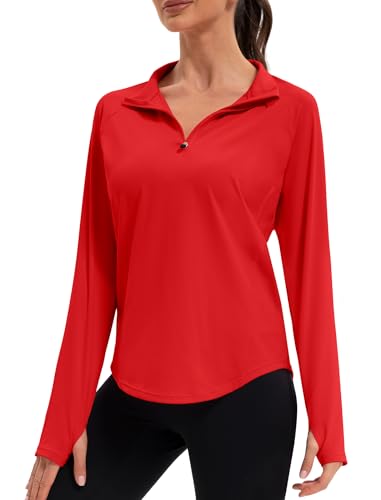 addigi Women's 1/4 Zip Long Sleeve Workout Tops Athletic Running Yoga Hiking Pullover Quick Dry UPF 50+ Sun Shirts with Thumb Hole Red X-Large