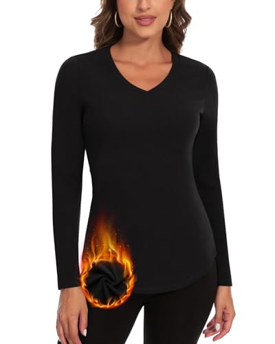 Soneven V Neck Thermal Tops Womens Long Sleeve T Shirts Warm Ladies Vests Base Layers Underwear Gym Tops in Winter/Autumn V-Black M