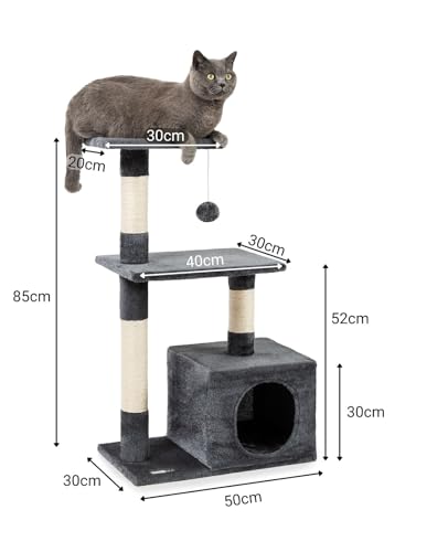 lionto Kratzbaum für Katzen mit Höhle und Plüschball inkl. Glöckchen, Höhe 85 cm, Katzenbaum mit Sisal & Plüsch, gemütliche Liegeflächen & Höhle, für kleine & große Katzen geeignet, dunkelgrau