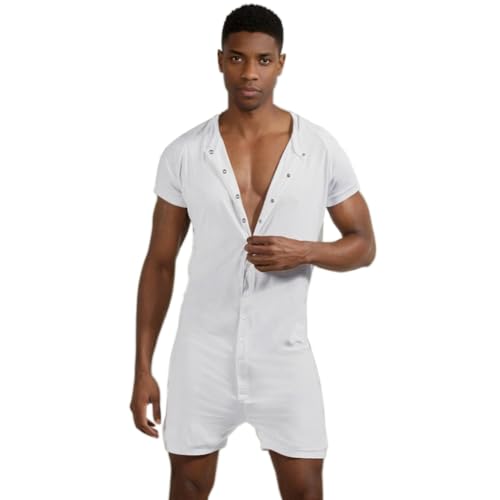 DLSMDOUS Herren Pyjama mit Kurzen Ärmeln - Sexy Lounge Einteiler Overall Pyjama für Erwachsene - Dehnbarer Strampler - Weiß - XL