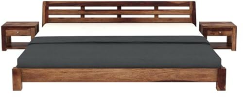 Image of Solid Sheesham Wood Queen Size Bed Without Storage for Bedroom Living Room | Wooden Double Bed Cot for Home Hotel | Teak Finish